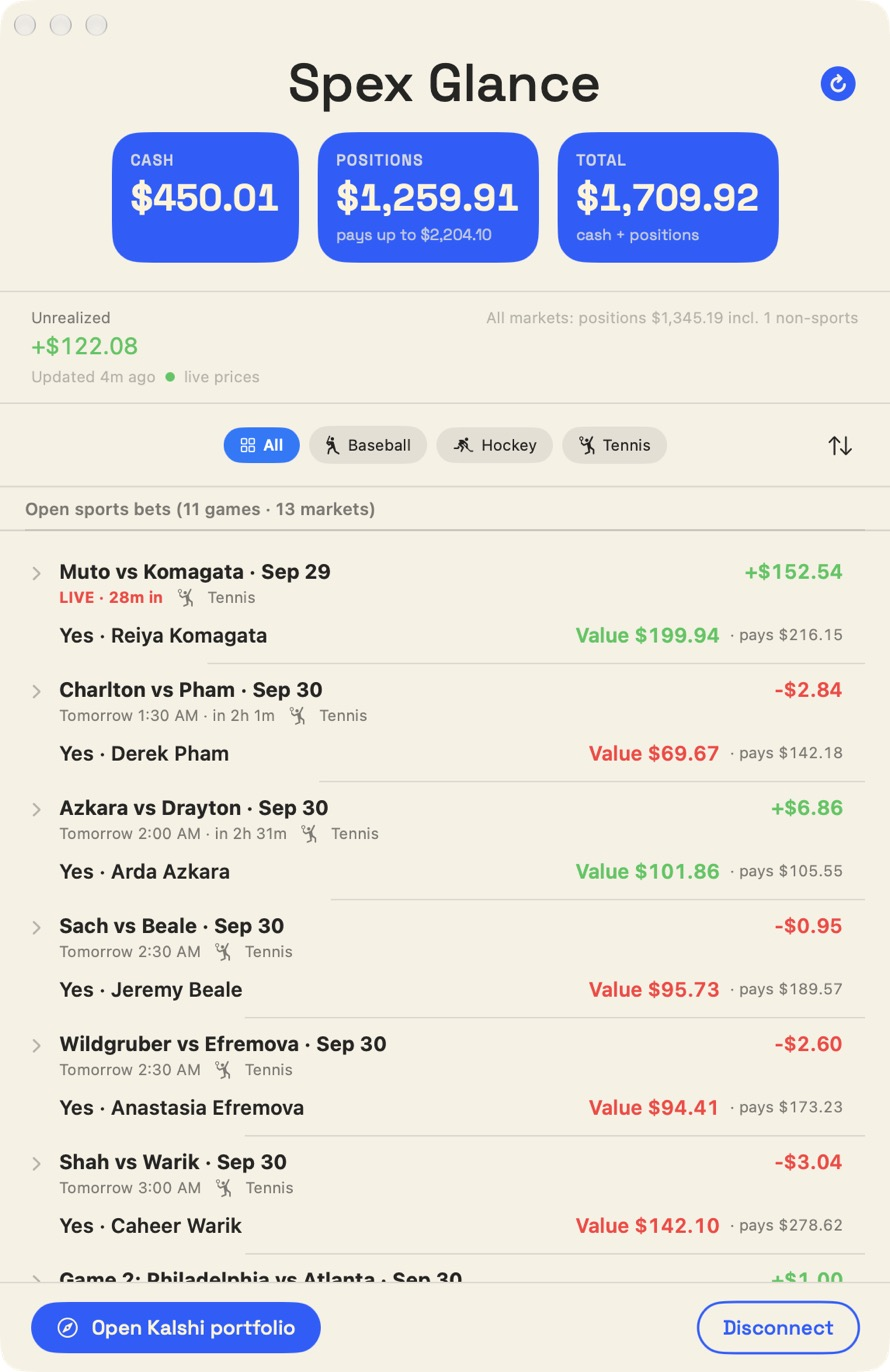 Spex Glance main window: Cash, Positions and Total tiles, unrealized P&L, sport filters, and open tennis positions grouped by match with live value and payout