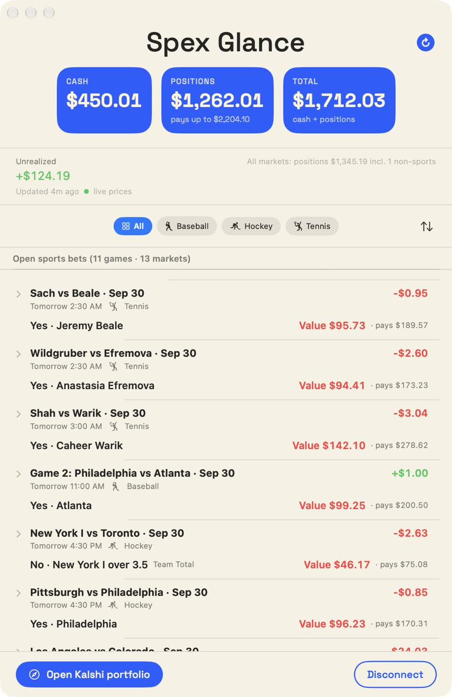 Spex Glance showing baseball and hockey positions with values and payouts
